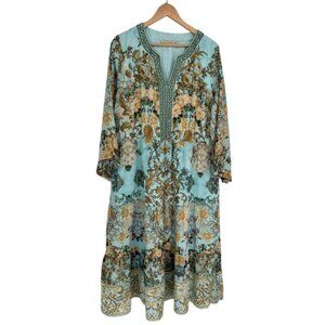 Soft Surroundings Baroque Maxi Dress Size 1X Blue Floral Beaded Boho SGC74